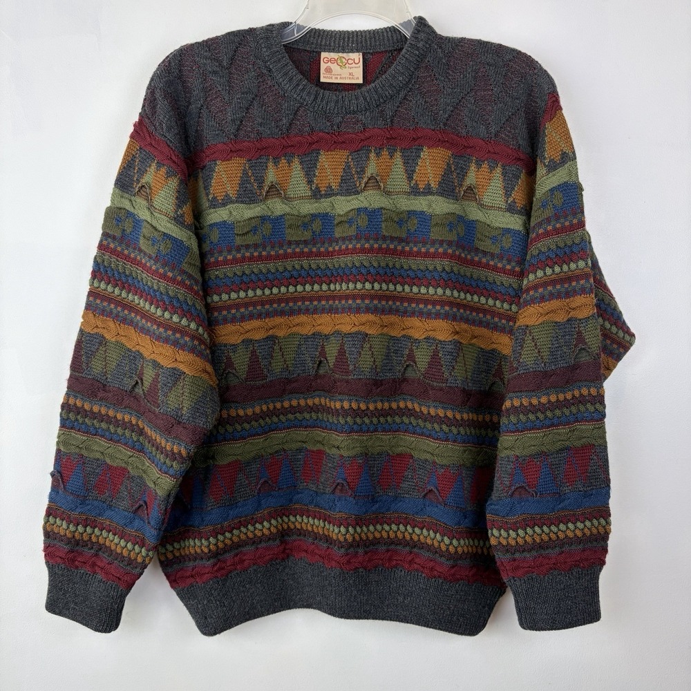 Vintage Geccu Australia 3D Knit Sweater Coogi Style Mens XL Pure New Wool 90s
